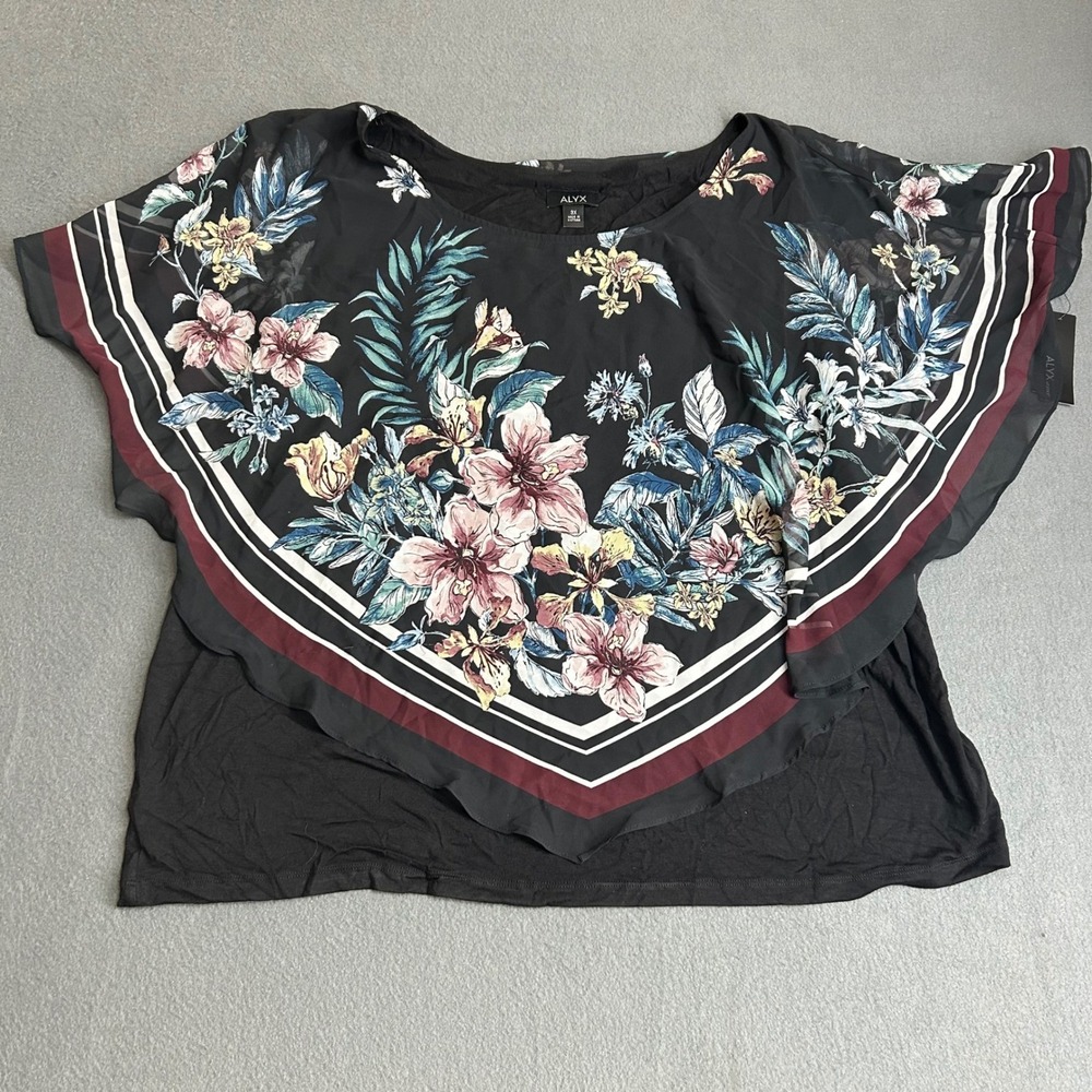 ALYX Blouse Womens 3X Black Floral Chiffon Overlay‎ Layered Knit Top NEW